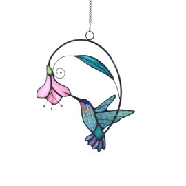 Lolitarcrafts Stained Glass Hummingbird Window Hangings with Flowers, Bird Stained Glass Suncatcher for Window Decor Hummingbird Gifts for Mom,Bird Lovers (Blue with Flower A)