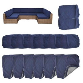 MICUSHION 14 Pack Outdoor Cushion Covers for Patio Furniture Replacement Waterproof Patio Sofa Cushion Slipcovers with Zipper & Non Slip for 6-Seat Sofa 25.6 x 25.6 Inch, Navy Blue