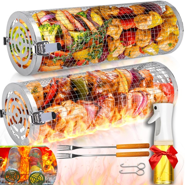 Rolling Grill Baskets for Outdoor Grill- Upgraded Cylinder Basket with
