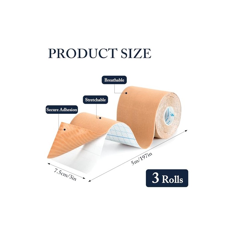 3 Rolls Wide Kinesiology Tape 7.5cm X 5m, Physio Tape