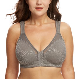 DotVol Front Closure Posture Bra Back Support Full Coverage Wirefree Jacquard Adjustable Strap(Grey,46G)