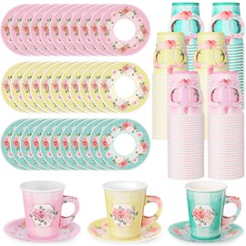 Zopeal 150 Pcs Tea Party Decorations 9 oz Paper Tea Cups and 5 Inch Plates Disposable Cups with Handle Floral Paper Saucers Sets for Birthday Wedding Party Supply