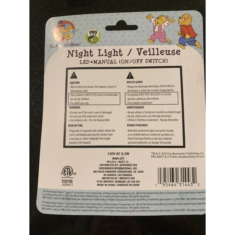 Intertek PBS Kids The Berenstain Bears LED Night Light Manuel