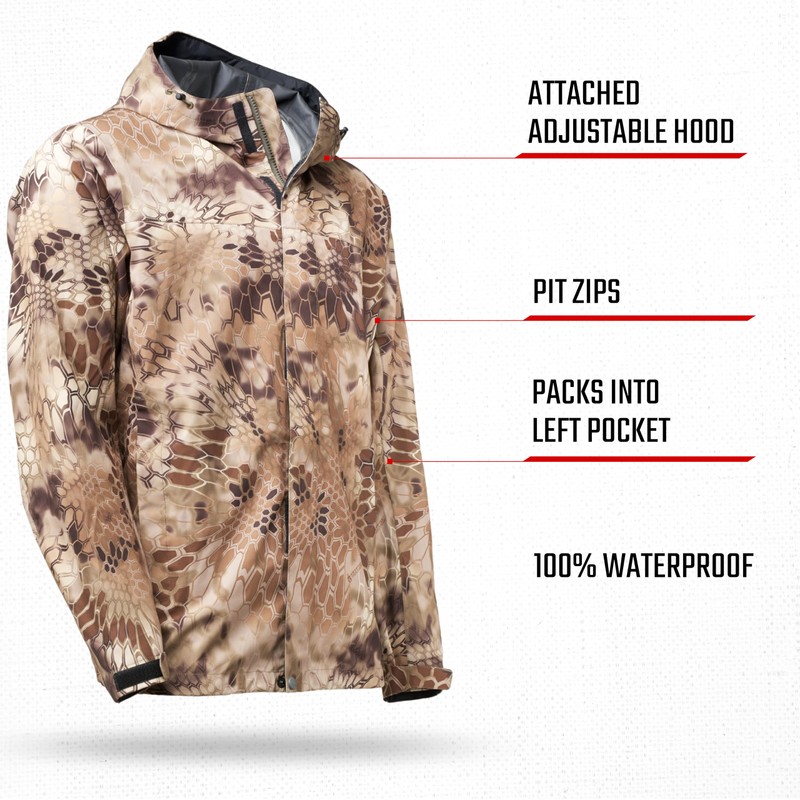 Kryptek Men’s Jupiter Waterproof, Breathable, Packable Camo Hunting Jacket