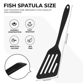 Silicone Fish Spatula, Large Versatile Slotted Flipper Turner, Heat Resistant&Non-stick Egg Turner, Kitchen Cooking Cookwares for Steak, Meat, Eggs, Pancake, Omelets, Burgers (Black)