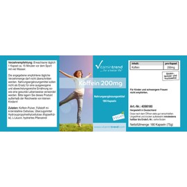 Caffeine 200mg - 180 Capsules - For 6 Months - Vegan - High Dose Caffeine | Vitamintrend®