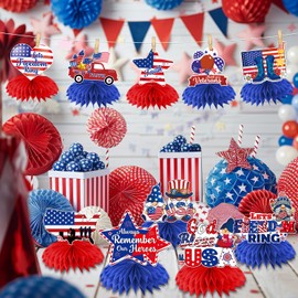 12Pcs Memorial Day Decorations Honeycomb Centerpieces, 3D Double Side Memorial Day Table Decorations, Blue Red Memorial Day Centerpieces for Tables, Memorial Day Decorations for Office Decor