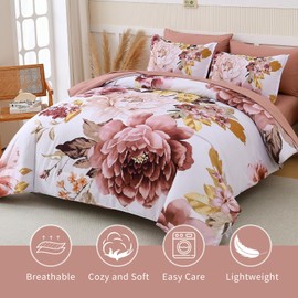 Dintszyayue Blush Comforter Set Queen Size 7 Pieces Floral Bed in a Bag Elegant Flower Bed Comforter Set Soft Bedding Sets for All Season with Flat Sheet, Fitted Sheets, Pillowcases & Shams