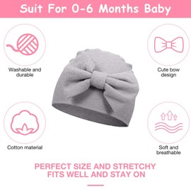 VUCDXOP Newborn Cotton Hat Baby Hat Cute Bow Cotton Beanie Hat Unisex Toddler Turban Hat for Baby 0-3 Months, Pack of 3, Pink + white + grey