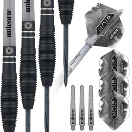 ‎Unicorn Steel Tip Professional Darts Set | Noir Style 1 | 90% Tungsten Barrels with Black Titanium Coating & Black Volute Points | 23 g