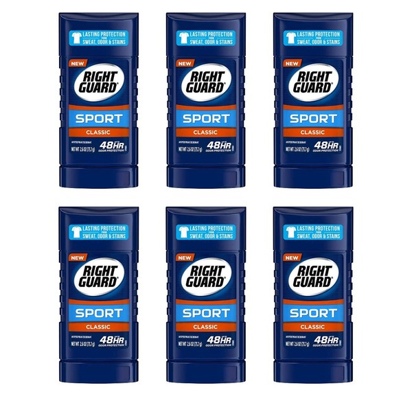 Right Guard Sport Classic 48 HR - Desodorante antitranspirante sólido con protección contra olores, 2.6 onzas (Paquete de 6)