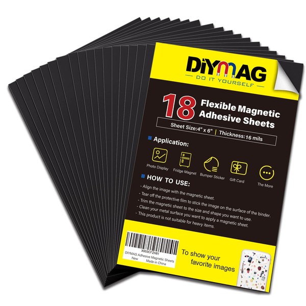 DIYMAG Adhesive Magnetic Sheets, |4" x 6"| 18 Packs, Flexible Magnet Sheets with Adhesive for Crafts, Photos and Die Storage, Easy Peel and Stick, Easy to Cut into Any Shape/Size (4" x 6"-18P)