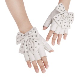 TINAYAUE Punk Half Finger Gloves Big Bowknot Rivet Design PU Leather Performance Cosplay Gloves Fingerless Rock Jazz Style Gloves Club Stage Dance Gloves for Girls Women