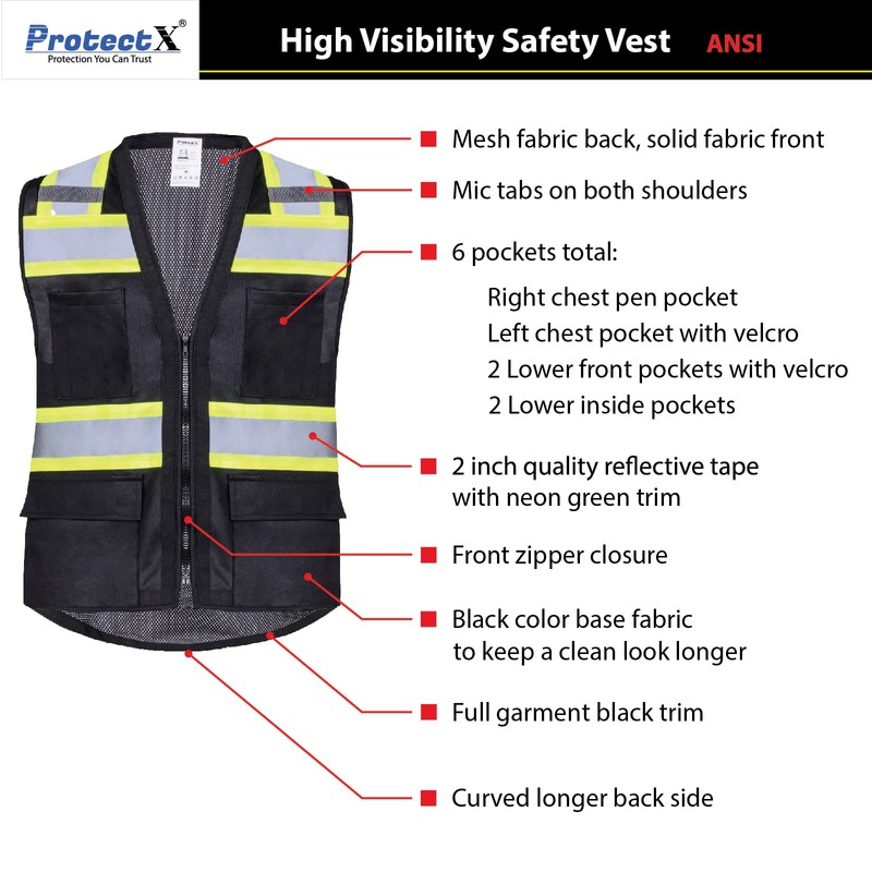 ProtectX Hi-Visibility Solid Front Mesh Back Safety Vest with 6