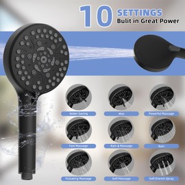 Hygie Rinse 12" All Metal Shower Head, High Pressure 10-Spray Handheld Showerhead Rainfall Shower Head Combo with 11" Adjustable Shower Extension Arm, 71" Hose, Shower Head Holder, Matteblack