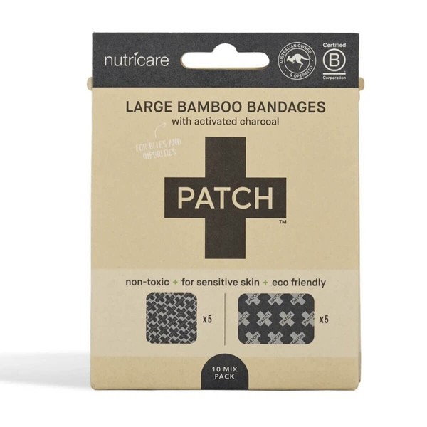 PATCH Large Square and Rectangle Natural Bamboo Bandages for Sensitive Skin, Hypoallergenic Bandages, Compostable, Activated Charcoal, Sensitive Skin Bandages, Eco-Friendly, 5 Square 5 Rectangle, 10ct