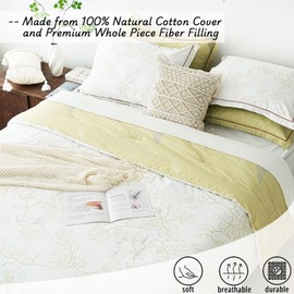 LEMIROE Botanical Cotton Comforter Queen Size - White Comforter with Soft Green Sketched Floral Outlines,Linen Yellow Reversible Lightweight Bedding Sets 3Pcs(Leaves)