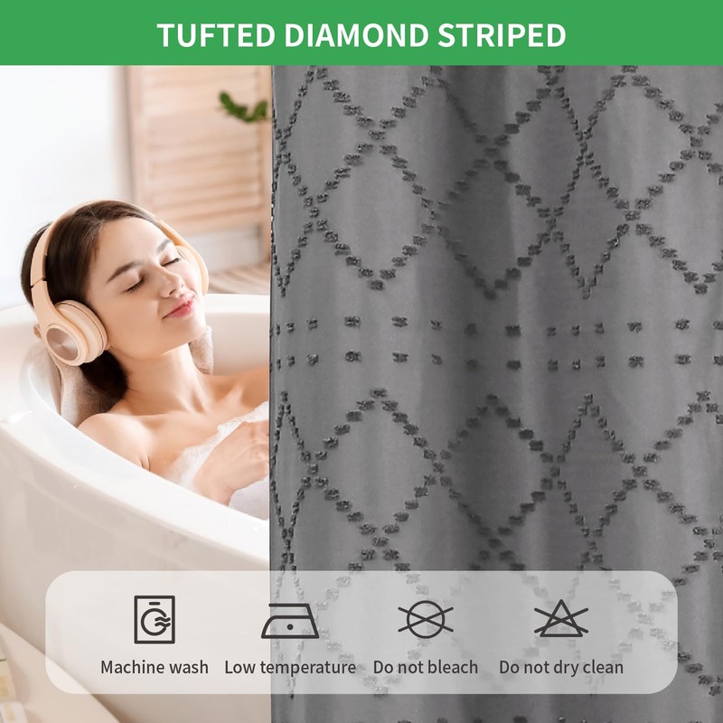 eachope Charcoal Grey No Hook Shower Curtain and Fabric Liner