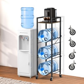5 Gallon Water Jug Holder Stand with Wheels, 5 Gallon Water Jug Dispenser Stand 4-Tier with Wood Table Top, Water Bottle Holder 3 Bottles for Kitchen Office Garage (Rustic Brown and Black)