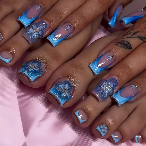 48 Pcs Blue French Tip Press on Toenails 3D Flower