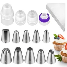 Juego de 10 puntas de acero inoxidable con 4 acopladores y 20 bolsas de pastelería desechables, puntas de decoración grandes para pastelería