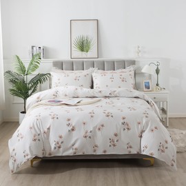 Lemfux King California King Size Duvet Cover Set 3Piece Cotton Tan Floral Pattern White Duvet Cover Set, Plant Print Soft Comforter Cover Sets with Metal Zippers, Western Farmhouse Bedding Set