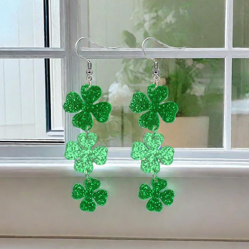 SNUGFX St. Patrick's Day Green Leaf Earrings for Women,Clover Horseshoe