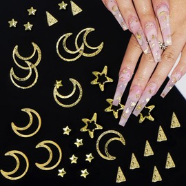 1 Box Gold Star Moon Nail Charms Nails Art Studs 3D Metallic Star Moon Nail Charms Studs Nails Rhinestones Star Nail Jewelry Decorations Manicure Kit Nails Art Supplies Accessories for Women Acrylic