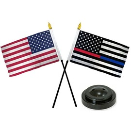 USA Thin Red Blue Line w/USA American Flag 4"x6" Desk Set Black Base