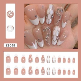 24Pcs French Tip Press on Nails Medium Almond with 3D Crystal Rhinestones Design, White French Nails Press ons Cute Stick on Nails Little Snake Fashion Acrylic Nails DIY False Nails Set for Women