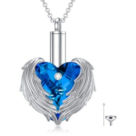 PELOVNY Angel Wing Crystal Heart Cremation Necklace for Ashes Sterling Silver Wings Crystal Heart Urn Holder Memorial Jewelry for Women