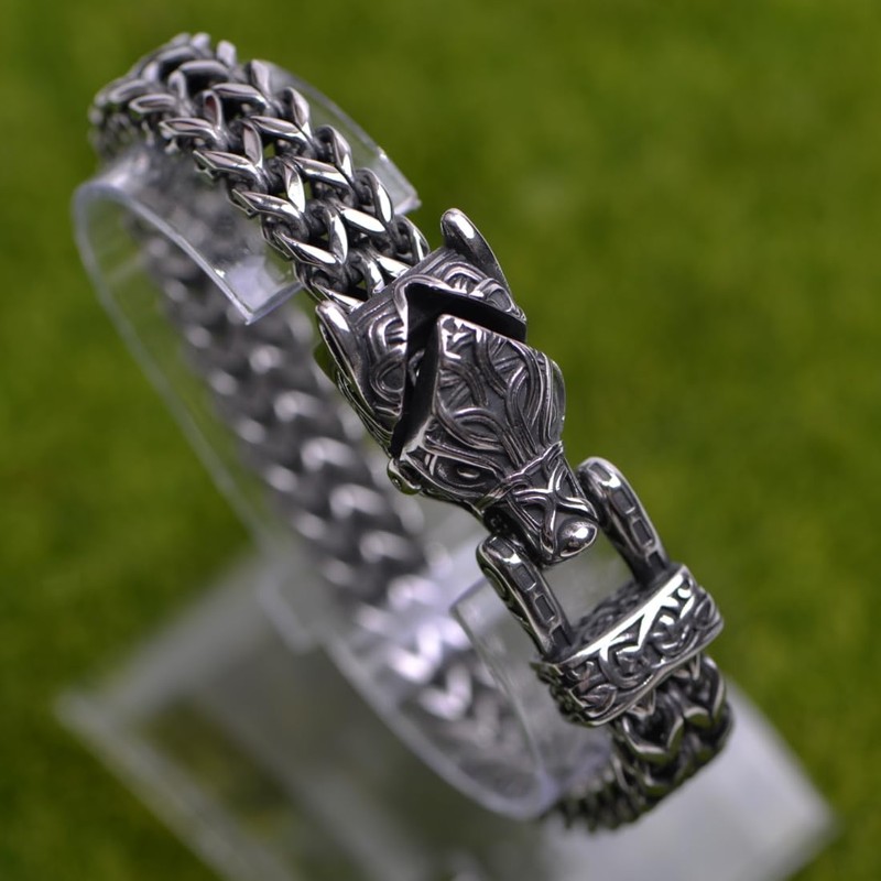LANGHONG Norse Viking Wolf Bracelet Men's Stainless Steel Mesh Chain