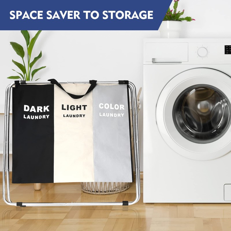 180L Laundry Basket Sorter, Large 3 Section Collapsible Laundry Hamper