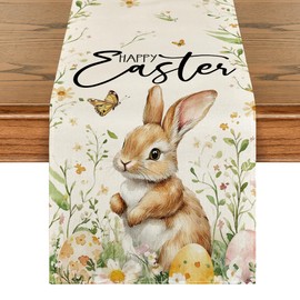 Bunny Rabbit Butterfly Eggs Flowers Easter Table Runner, Seasonal Spring Kitchen Dining Table Decoration for Home Party Decor 13x48 Inch