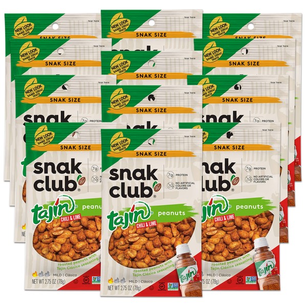 Snak Club Tajin Peanuts, Chili & Lime Mild in Heat Bold in Favor Spicy Snacks, 2.75 Ounce (Pack of 12)