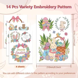 peacoblue Water Soluble Embroidery Patterns with Color for Beginners, Easter Elements 4 Sheets with 14pcs Wash Away Stick and Stitch Dissolvable Embroidery Paper for Hand Sewing Lovers