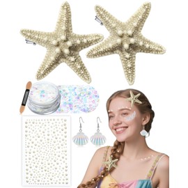 Starfish Hair Clip Mermaid Accessories: 6-PCS Halloween Costume Accessories for Women Girls Mermaid Sea Party Cosplay, Hair Clips Set with Face Glitter Gel Seashell Earrings Pearl Stickers (Realistic)