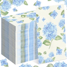 Janlaugh 100 Pcs Blue Hydrangea Napkins 3 Ply Disposable Hand Towels for Bathroom Paper Napkins Floral Green Leaf Guest Decorative Paper Hand Towels for Bathroom Tea Party Wedding Dining Decor