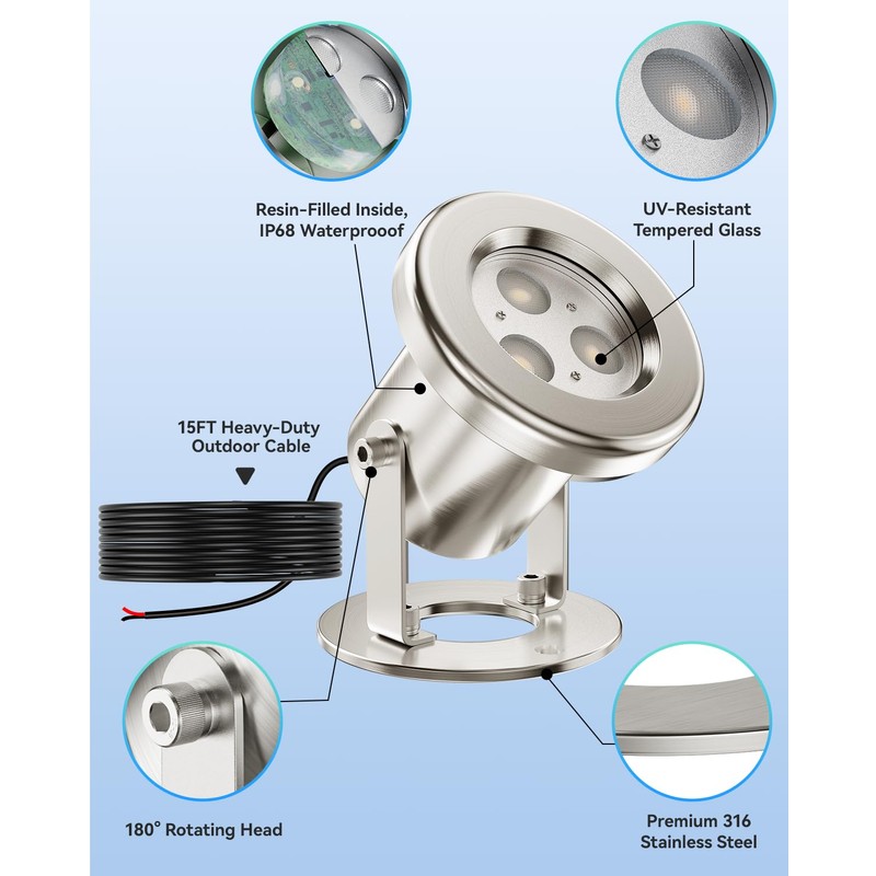 6W Pond Light 2700K SS316 Stainless Steel Fountain Light, 15FT