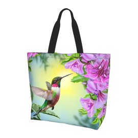 LUVOADALA Bright Bird Hummingbird Flower Large Tote Bag Simple Casual Portable Shoulder Bags Reusable Grocery Handbag For Women Beach Gym Travel Shopping Work Dance Gifts