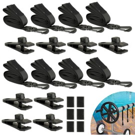 HUAREW 24Pcs Pool Solar Cover Reel Attachment Kit, Solar Blanket Straps Kit, Inground Swimming Pool Solar Cover Straps and Clips Including 8 Straps with Hooks, 8 Clips and 8 Touch Fastener