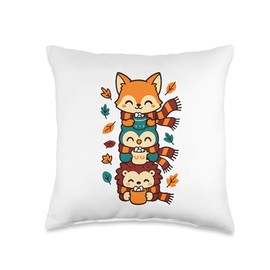 Fall Weather Fox Owl Hedgehog Scarf Hot Cocoa Design Throw Pillow