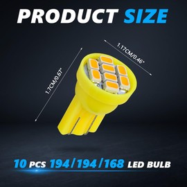 ongfuwu 10PCS 194 LED Bulb, 12V T10 194 168 Car Dash Instrument LED Light Bulbs, Automotive Panel Gauge Cluster Dashboard LED Replacement Bulb, Vehicle Interior Dome Map Lamp Bulb (Yellow)