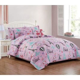 Sapphire Home 8 Piece Full Size Girls Kids Teens Comforter Set Bed in Bag, Shams, Sheet Set & Decorative Toy Pillow, Kids Comforter Bedding w/Sheets, Love Paris French Poodle, 8pc Paris-Poodle