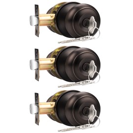 Probrico Entry Door Locks Keyed Alike Entrance Round Door Knobs Interior Door Locksets, Exterior Doorknob with Lock, Oil Rubbed Bronze, 3 Pack
