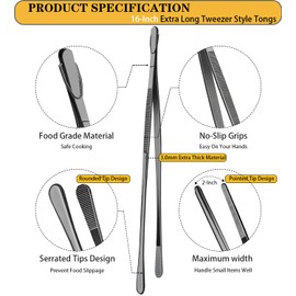 JETKONG 2 Pcs 16-Inch Heavy Duty Plating Tongs, Extra-Long Kitchen Fine Tongs Large Stainless Steel Cooking Forceps (Black)