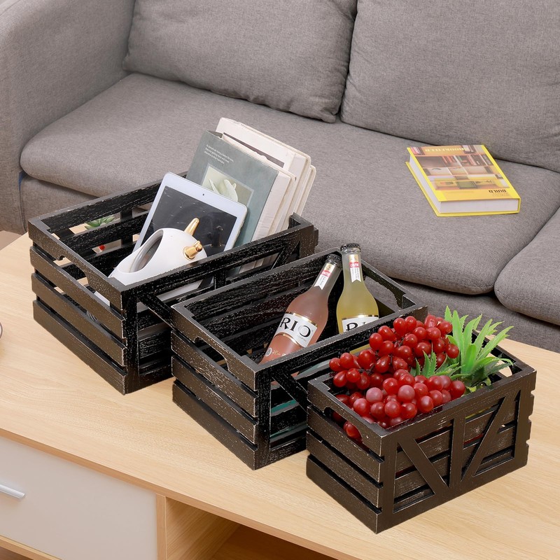 Farmhouse Storage Crates Nested Wooden Storage Crate with Handles,3 Pack