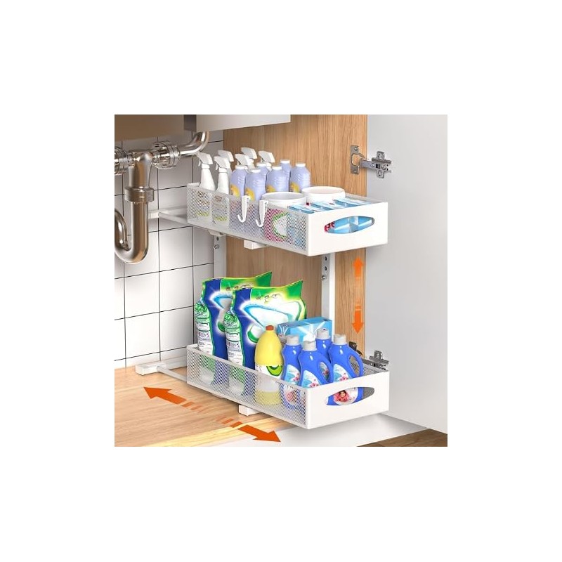 2-Tier Metal Organiser with Pull-Out Baskets, Rustproof, Height-Adjustable Cabinet Organiser