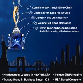 Gem Stone King 925 Silver and 10K Yellow Gold 12MM Cushion Gemstone Birthstone 2-Stone Drop Pendant Necklace for Women with Half Moon White Moissanite and 18 Inch Silver Chain
