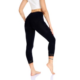 Women's Lace Trim Leggings 3/4 Length Capri Stretchy High Waist Yoga Cropped Leggings Lightweight Tights Leggings Black